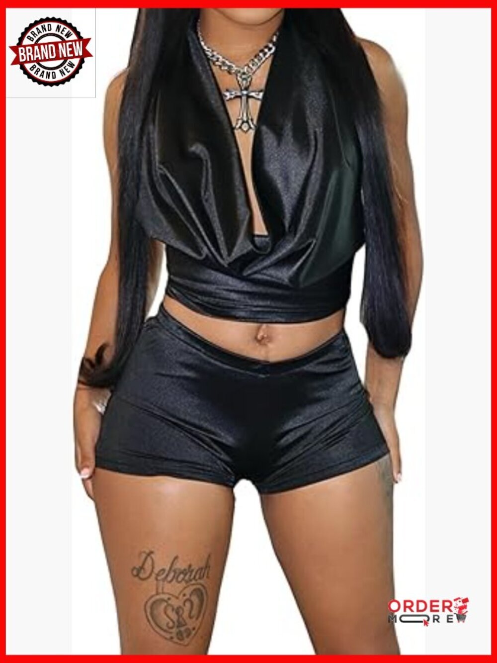 Satin Halter Crop Top & Shorts Set, Going Out Clubbing Nightwear